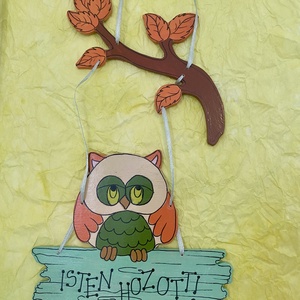 Baglyos tábla- kèzzel festett, Otthon & Életmód, Dekoráció, Ajtó- és ablak dekoráció, Ajtótábla, Festett tárgyak, Teljes mértékben kézzel készített  baglyos ajtótábla.
Rétegelt lemezből kézi lombfűrésszel kivágott..., MESKA