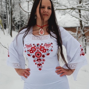 Júlia blúz, sárközi piros-fekete-fehér - ruha & divat - női ruha - blúz - Meska.hu