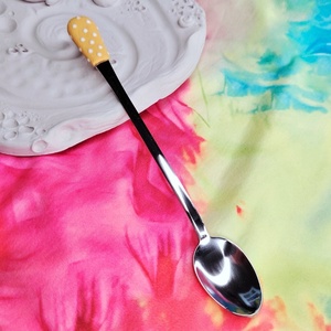 Hosszú kávéskanál - 21 cm - cupcake barna-fehér pöttyös - Meska.hu