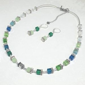 CUBE zöldek nyaklánc ajándék fülbevalóval, Ékszer, Nyaklánc, Gyöngyös nyaklánc, Ékszerkészítés, Gyöngyfűzés, gyöngyhímzés, MESKA