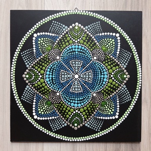 Pontozott mandala - kék,zöld, szürke, Otthon & Lakás, Dekoráció, Spiritualitás, Mandala, Festészet, Meska