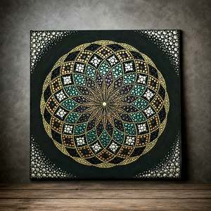 Kézzel pontozott arany-zöld-lila mandala vásznon - 30x30 cm - Meska.hu
