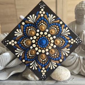 Kézzel festett mandala hűtőmágnes 10�10 cm - kék, fehér, bronz fa hűtőmágnes - Meska.hu
