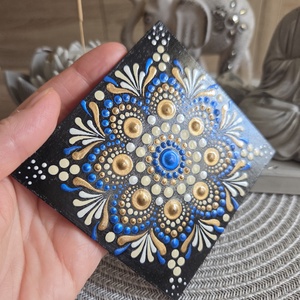 Kézzel festett mandala hűtőmágnes 10�10 cm - kék, fehér, bronz fa hűtőmágnes - otthon & életmód - dekoráció - spiritualitás - mandala - Meska.hu