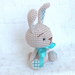 Egyedi- horgolt nyuszi - türkiz pamutvászonnal -szürkésdrapp-marokállat - játék & sport - plüssállat & játékfigura - nyuszi - Meska.hu