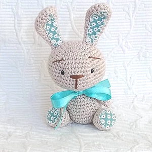 Egyedi- horgolt nyuszi - türkiz pamutvászonnal -szürkésdrapp-marokállat, Játék & Sport, Plüssállat & Játékfigura, Nyuszi, Hímzés, Horgolás, MESKA