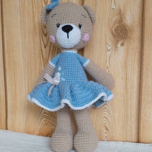 Egyedi amigurumi Mackó lány -egyedi himzett kék ruhás - horgolt figura - Meska.hu