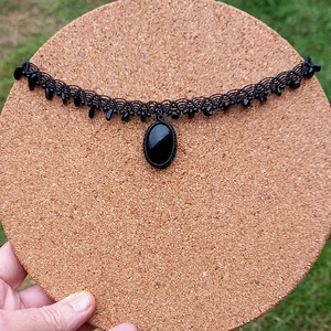 Feketeónix/turmalin, makramé nyaklánc  - ékszer - nyaklánc - medálos nyaklánc - Meska.hu