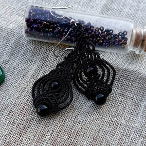 Dupla ónix makramé fülbevaló , Ékszer, Fülbevaló, Lógó fülbevaló, Csomózás, MESKA