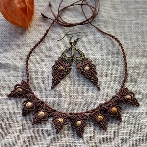 Mahagony barna /képjáspis makramé ékszerszett , Ékszer, Nyaklánc, Gyöngyös nyaklánc, Csomózás, MESKA