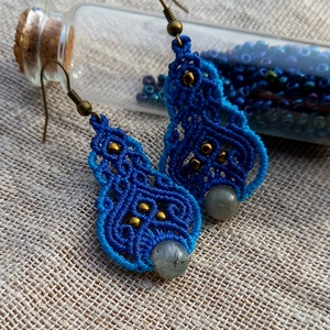 Kék/türkizkék/labradorit, makramé fülbevaló , Ékszer, Fülbevaló, Lógó fülbevaló, Csomózás, MESKA