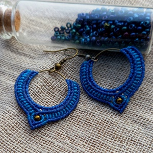 Kék/türkizkék/karika, makramé fülbevaló , Ékszer, Fülbevaló, Lógó fülbevaló, Csomózás, MESKA