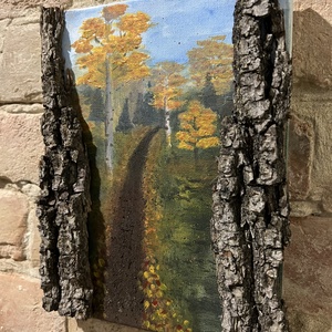 Őszi erdei ösvény  eredeti akrilfestmény valódi fakéreg keretben, 18x24 cm - művészet - festmény - akril - Meska.hu