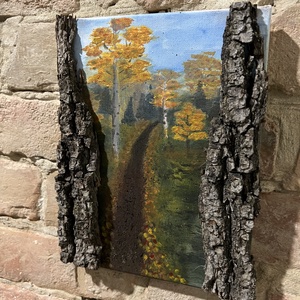Őszi erdei ösvény  eredeti akrilfestmény valódi fakéreg keretben, 18x24 cm - művészet - festmény - akril - Meska.hu