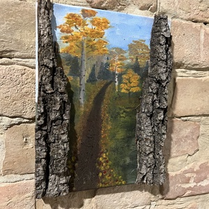 Őszi erdei ösvény  eredeti akrilfestmény valódi fakéreg keretben, 18x24 cm, Művészet, Festmény, Akril, , MESKA