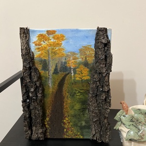 Őszi erdei ösvény festmény  rusztikus fali dekoráció valódi fakéreg keretben  akril tájkép, egyedi kézműves ajándék - művészet - festmény - akril - Meska.hu