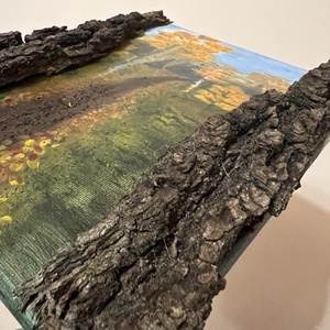 Őszi erdei ösvény festmény  rusztikus fali dekoráció valódi fakéreg keretben  akril tájkép, egyedi kézműves ajándék - művészet - festmény - akril - Meska.hu