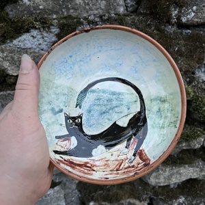 Kézzel készített kerámia desszertes tányér  Cica és tenger 16 cm - otthon & életmód - konyhafelszerelés, tálalás - tálalás - tányér & étkészlet - Meska.hu