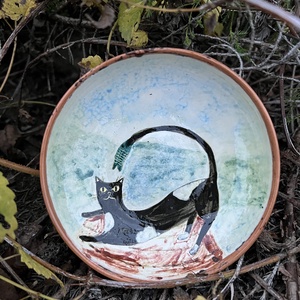 Kézzel készített kerámia desszertes tányér  Cica és tenger 16 cm - Meska.hu