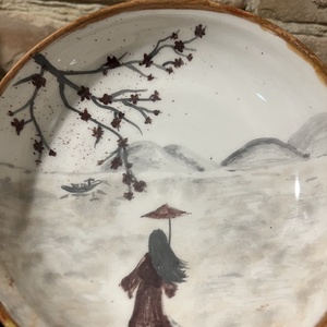 Kézzel festett egyedi kerámia tányér  keleti tájjal (17 cm) - otthon & életmód - konyhafelszerelés, tálalás - tálalás - tányér & étkészlet - Meska.hu