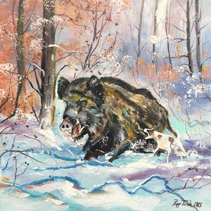 Vadkan a hóban c. Vadászfestmény, Művészet, Festmény, Olajfestmény, Festészet, MESKA