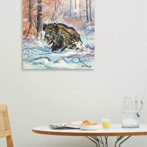 Vadkan a hóban c. Vadászfestmény - művészet - festmény - olajfestmény - Meska.hu