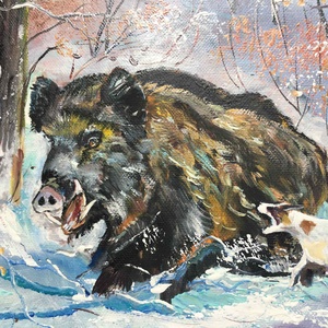 Vadkan a hóban c. Vadászfestmény - művészet - festmény - olajfestmény - Meska.hu