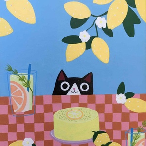 Citromos meglepetés c. Modern cicás festmény, Művészet, Festmény, Akril, Festészet, MESKA