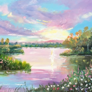 Tavaszi naplemente c. Kortárs olajfestmény, Művészet, Festmény, Olajfestmény, Festészet, MESKA