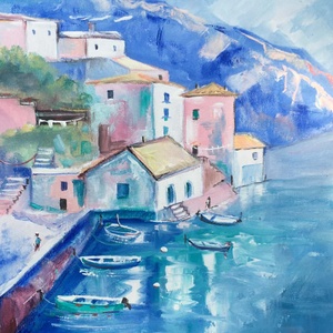 Azúrkék Santorini c. Kortárs olajfestmény - Meska.hu