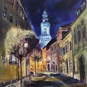 Sopron tűztorony esti fnyek olajfestmény  - Meska.hu