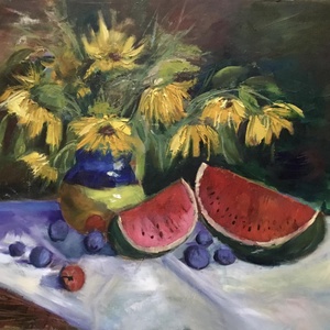 Dinnye csendélet olajfestmény, Művészet, Festmény, Olajfestmény, Festészet, MESKA