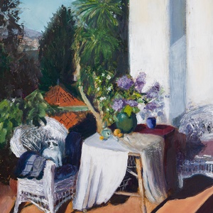 A teraszon c. olajfestmény, Művészet, Festmény, Olajfestmény, Festészet, MESKA