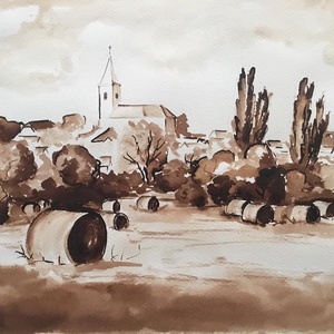 Fertőrákos faluszél, diópác festmény, Művészet, Festmény, Akvarell, , MESKA