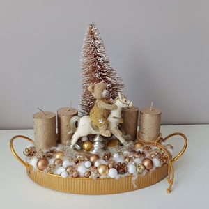 Hintalovazó macis arany gyertyás asztaldísz, Karácsony, Adventi díszek, Adventi asztaldísz, Virágkötés, Mindenmás, MESKA