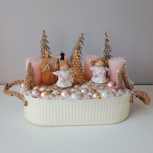 Angyalkás mézeskalács kerámia díszes rózsaszín gyertyás adventi karácsonyi ünnepi asztaldísz, Karácsony, Adventi díszek, Adventi asztaldísz, Virágkötés, Mindenmás, MESKA