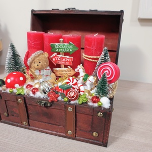 Bőröndös macis piros gyertyás asztali dísz adventi dísz - karácsony - adventi díszek - adventi asztaldísz - Meska.hu