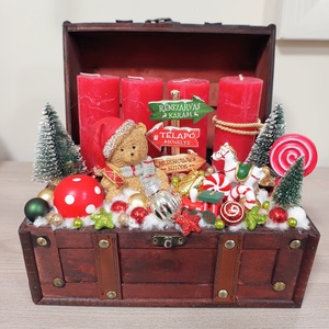 Bőröndös macis piros gyertyás asztali dísz adventi dísz - karácsony - adventi díszek - adventi asztaldísz - Meska.hu