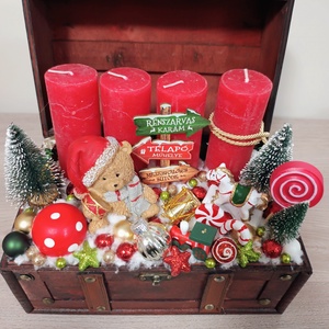 Bőröndös macis piros gyertyás asztali dísz adventi dísz - karácsony - adventi díszek - adventi asztaldísz - Meska.hu