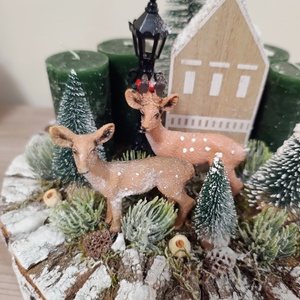 Őzike figurás háncs alapban zöld színvilággal adventi karacsonyi ünnepi asztaldísz koszorú - karácsony - adventi díszek - adventi asztaldísz - Meska.hu