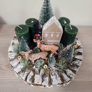 Őzike figurás háncs alapban zöld színvilággal adventi karacsonyi ünnepi asztaldísz koszorú - karácsony - adventi díszek - adventi asztaldísz - Meska.hu