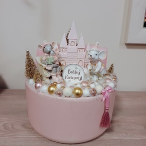 Púder rózsaszín egér figurás kastély díszítéssel négy gyertyával adventi karácsonyi ünnepi asztaldísz, Karácsony, Adventi díszek, Adventi asztaldísz, Virágkötés, Mindenmás, MESKA