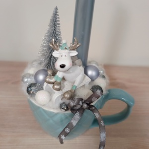 Türkiz szarvas figurás egy gyertyás bögrés dísz - karácsony - karácsonyi lakásdekoráció - karácsonyi lakásdíszek - Meska.hu