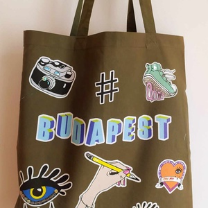  ÚJ ! ' Budapest' táska 'Stickers' sorozat-királykék felratos-olivazöld bevásárlótáska/shoppingtáska /shopper  - Meska.hu