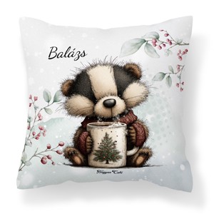 Névvel kérhető - Cuki téli borz egy kávéval mintás párna, Otthon & Életmód, Lakástextil, Párna & Párnahuzat, Díszpárna (belsővel együtt), , MESKA