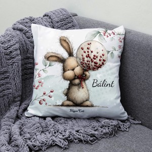 Névvel kérhető - Cuki téli nyuszi gömbbel mintás párna - otthon & életmód - lakástextil - párna & párnahuzat - díszpárna (belsővel együtt) - Meska.hu