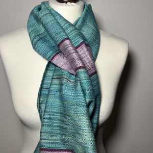 Kézzel szőtt Aszimmetrikus türkiz kendő lila csíkokkal  - ruha & divat - sál, sapka, kendő - kendő - Meska.hu