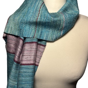 Kézzel szőtt Aszimmetrikus türkiz kendő lila csíkokkal  - ruha & divat - sál, sapka, kendő - kendő - Meska.hu