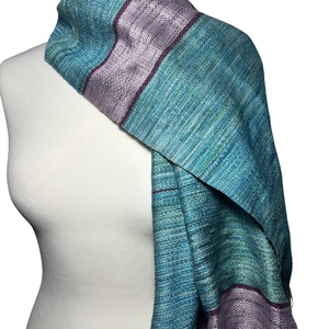 Kézzel szőtt Aszimmetrikus türkiz kendő lila csíkokkal  - ruha & divat - sál, sapka, kendő - kendő - Meska.hu