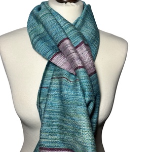 Kézzel szőtt Aszimmetrikus türkiz kendő lila csíkokkal  - ruha & divat - sál, sapka, kendő - kendő - Meska.hu